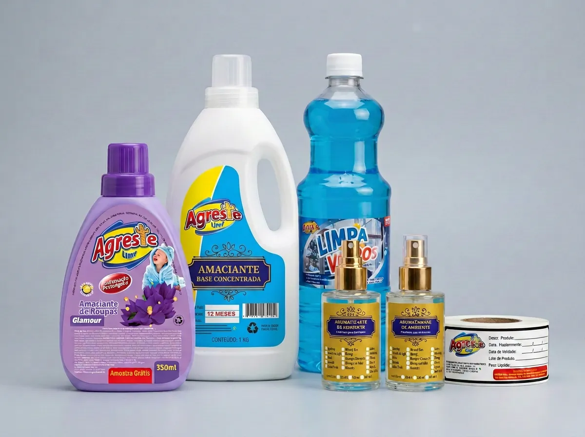 Rótulos Agreste em amaciante Glamour, base concentrada de um quilo, aromatizantes, limpa-vidros e bobina