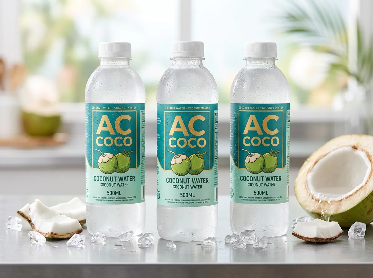 Três garrafas de água de coco AC Coco com rótulos em BOPP, gelo e cocos em um ambiente refrigerado