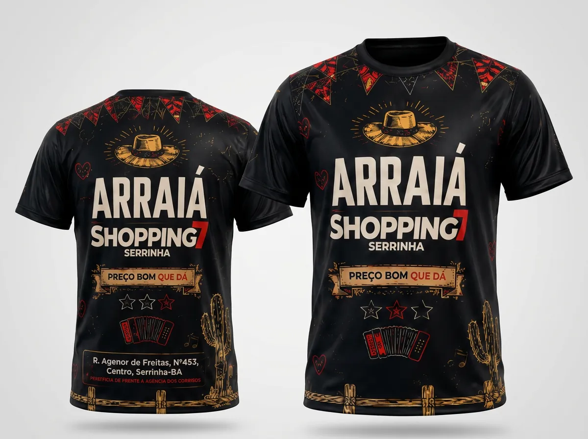 Camisetas pretas personalizadas do Arraiá Shopping 7 Serrinha, com arte vermelha e dourada