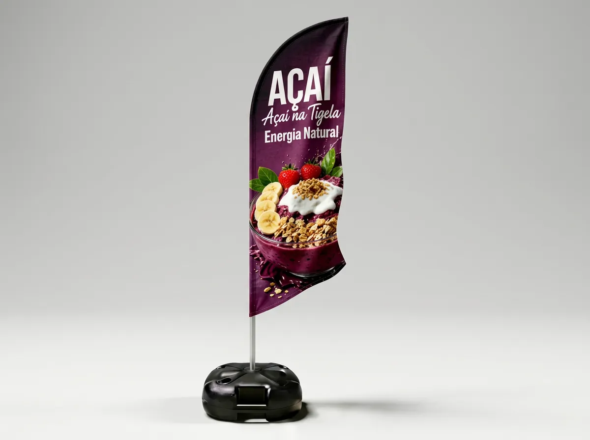 Wind banner roxo de Açaí na Tigela, com haste e base completas